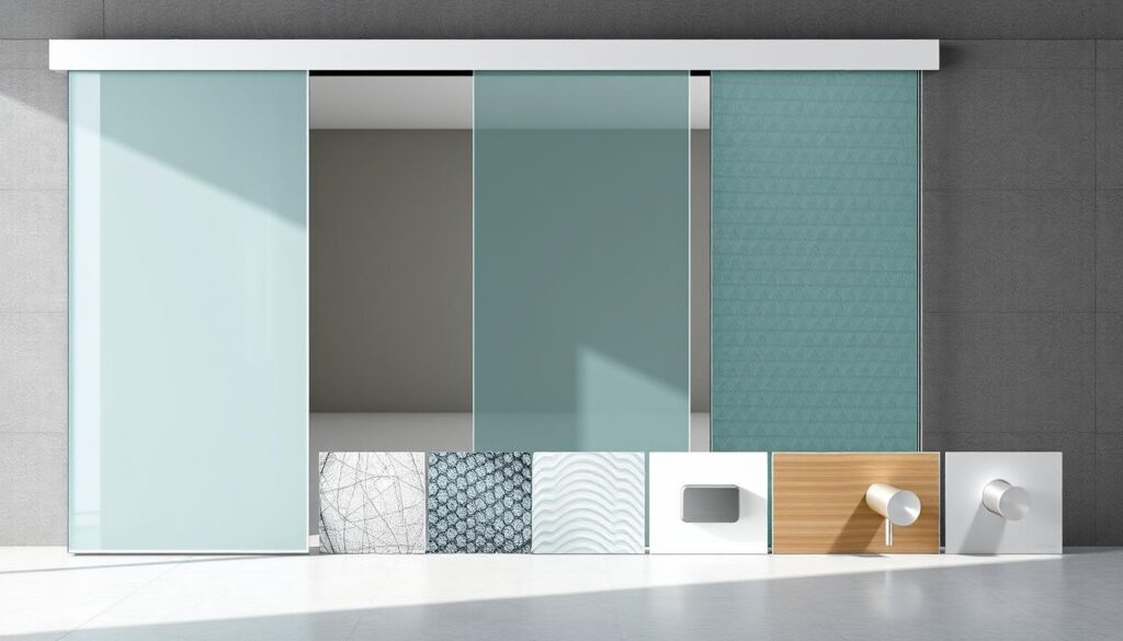 A well-lit, high-resolution image of a modern glass sliding door with various design variants. The foreground showcases a sleek, frameless glass panel sliding seamlessly along a minimalist track system. The middle ground highlights different glass textures and tint options, such as frosted, tinted, or patterned glass. The background features a range of hardware finishes, like brushed metal or chrome, that complement the glass elements. The composition emphasizes the versatility and customizable nature of the glass sliding door solutions, presenting a visually appealing and high-quality display that aligns with the section's focus on "Designs, Variants and Applications".