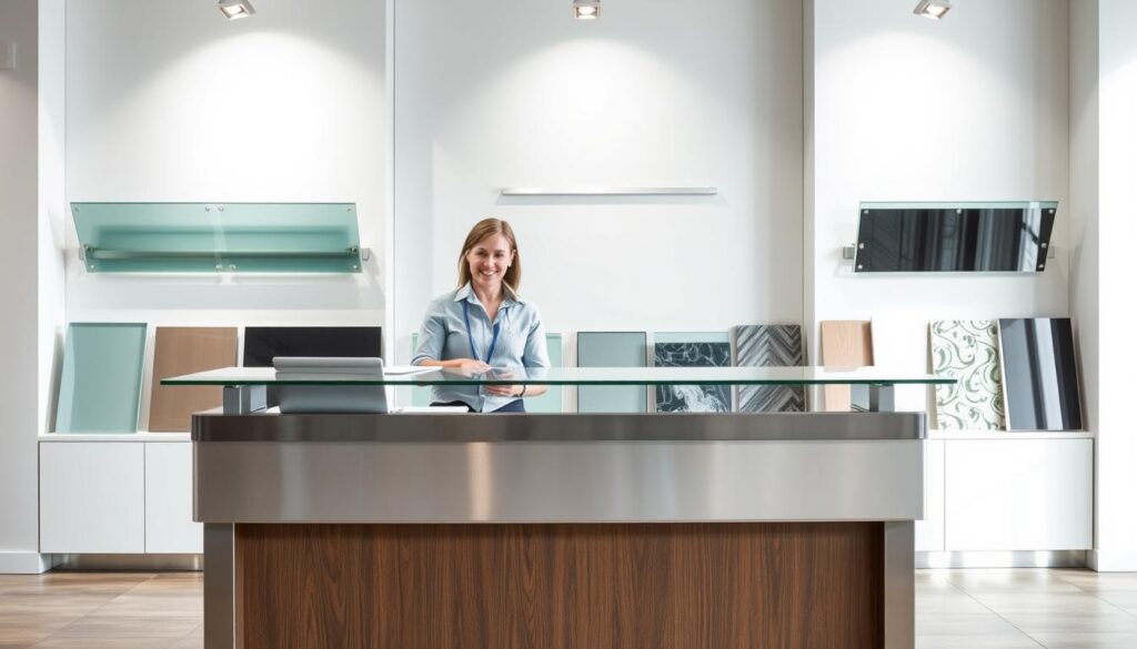 A well-lit, high-resolution image of a service consultation desk for a glass splash guard product. The desk is made of sleek, modern materials like brushed steel and tempered glass, reflecting the premium quality of the products. A knowledgeable sales associate stands behind the desk, ready to provide personalized guidance on glass configurations, measurements, and installation. The background showcases a range of glass splash guard samples in various shapes, sizes, and finishes, allowing the customer to visualize the options. The lighting is soft and flattering, creating a warm, inviting atmosphere for the customer experience.