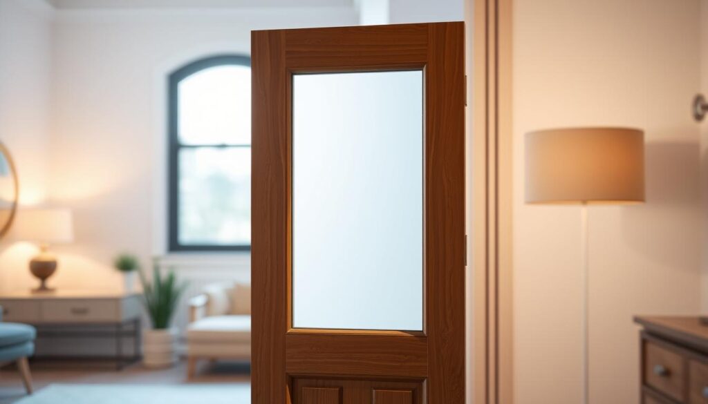 A well-lit, high-resolution image of a wooden door with a glass inset, capturing the various filtering options available. The door is positioned in the foreground, with a soft, diffused lighting creating a warm, inviting atmosphere. The background is blurred, allowing the focus to remain on the door and its customizable glass insert. The image showcases the different tinting and frosting options, demonstrating how they can be used to control the amount of light and privacy in the room. The composition highlights the attention to detail and the wide range of customization possibilities offered by Glastuerhop24.