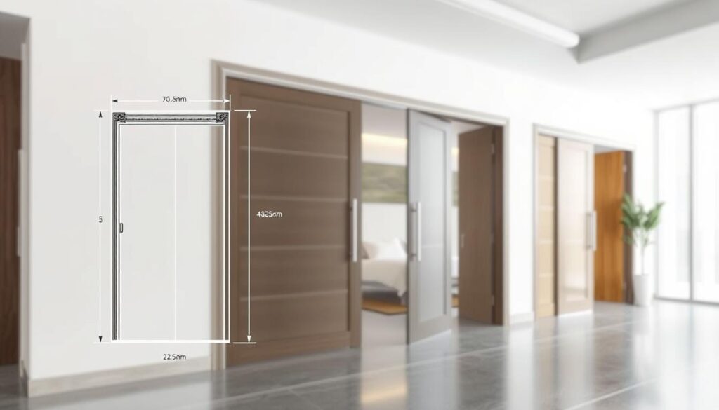A well-lit, high-resolution image showcasing a sliding door setup. In the foreground, a detailed technical diagram illustrates the key measurements - width, height, and weight - of the sliding door. The diagram is rendered in a clean, minimalist style with precise numerical values and clear labels. In the middle ground, the sliding door itself is depicted in a range of materials and finishes, allowing the viewer to appreciate the diversity of available options. The background features a neutral, softly blurred interior space, highlighting how the sliding door seamlessly integrates into a modern living environment. The overall mood is one of precision, quality, and thoughtful design.