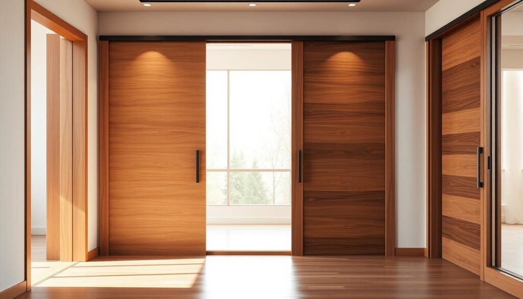 A well-lit, high-resolution interior scene showcasing a variety of elegant wooden sliding doors. The doors are constructed with fine, smooth-grained wood panels in a range of natural tones, from light oak to rich walnut. The frames are crafted with precision, featuring sleek, minimalist designs that seamlessly integrate with the surrounding architecture. The doors glide effortlessly on concealed tracks, creating a sense of effortless functionality. Soft, diffused lighting emanates from nearby windows, casting a warm, inviting glow throughout the space. The scene conveys a sense of sophisticated, modern design that would complement a variety of interior styles.