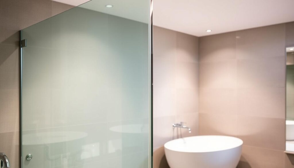 A well-lit, high-resolution photograph of a custom-made glass shower enclosure from Glastürhop24. The sleek, modern design features a seamless glass panel with a minimalist chrome frame, installed in a spacious bathroom with a freestanding bathtub. The glass has a subtle, translucent quality, allowing glimpses of the tiled walls and fixtures. Overhead lighting casts a warm, even glow, highlighting the clarity and craftsmanship of the enclosure. The perspective is slightly elevated, capturing the full height and width of the display, showcasing the bespoke nature of the product and the attentive, personalized service provided by Glastürhop24.