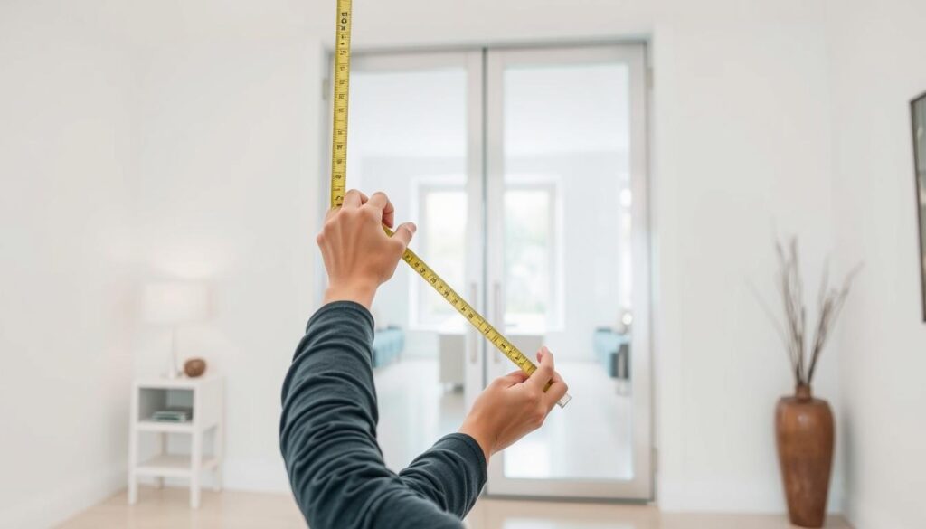 A well-lit, high-resolution photograph of a person carefully measuring a large, full-glass door with a tape measure. The door is situated in a bright, modern interior with clean lines and minimal decor, allowing the focus to remain on the measurement process. The image conveys a sense of precision and attention to detail, with the person's hands and the tape measure prominently featured. The lighting is soft and even, creating a calm, professional atmosphere. The angle of the shot is slightly elevated, providing a clear view of the entire door and the measurement taking place. The overall composition is balanced and visually appealing, showcasing the importance of proper measurement for a custom glass door installation.