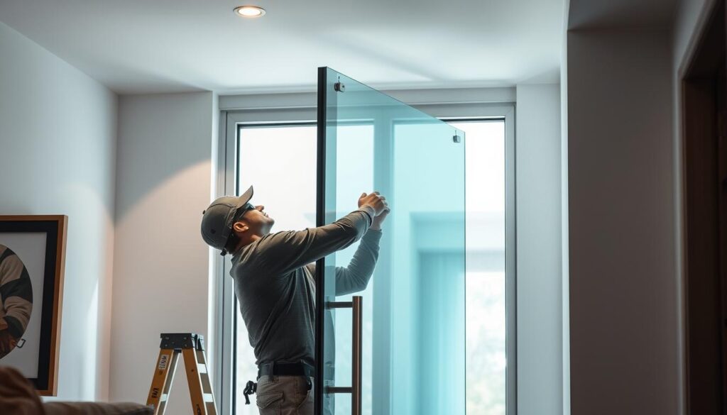 A well-lit interior space, showcasing the seamless installation of a modern glass door. The door is made of tempered glass panels, framed in sleek aluminum. A carpenter, wearing protective gear, carefully aligns the door, ensuring a precise fit within the entryway. The scene conveys a sense of craftsmanship and attention to detail, capturing the process of bringing a custom glass solution into a home. Soft, directional lighting illuminates the glass, creating a warm, inviting atmosphere. The composition emphasizes the integration of the glass door, highlighting its elegant, minimalist design and the professionalism of the installation.