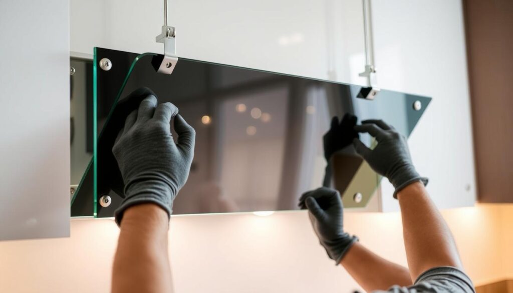 A well-lit kitchen interior with a sleek glass splashback being carefully installed. The glass panel is suspended from sturdy metal brackets, perfectly aligned and securely fastened to the wall. A pair of skilled hands, wearing protective gloves, carefully adjust the glass, ensuring a seamless, gap-free fit. The glass surface reflects the warm, ambient lighting, creating a sense of modern elegance. The background shows the kitchen's clean, minimalist design, allowing the focus to remain on the precise, meticulous installation process. The overall scene conveys a sense of professionalism, efficiency, and the high-quality craftsmanship involved in mounting a sturdy, durable glass splashback.