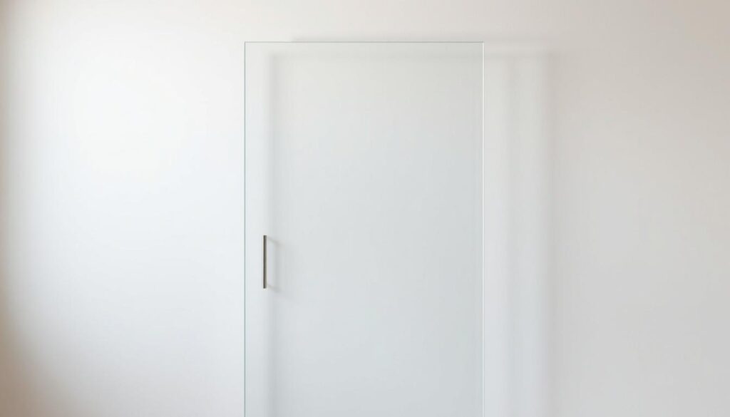 A well-lit, minimalist glass door panel with a precise, crisp edge profile. The door is set against a neutral, understated background, allowing the glass to be the focal point. The lighting is soft and diffused, creating a warm, inviting atmosphere. The glass is free of any visible imperfections or distortions, showcasing its high-quality construction. The overall composition emphasizes the elegant simplicity and clean lines of the door, inviting the viewer to imagine how it would look and feel within a modern, refined living space.