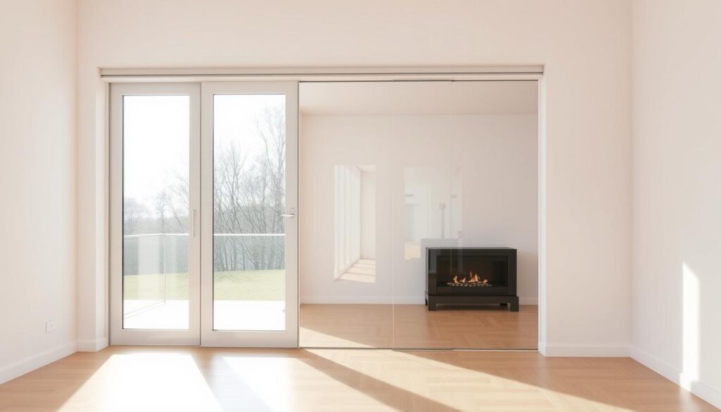 A well-lit, minimalist interior scene showcasing a sleek, contemporary sliding glass door. The Schiebetür, or sliding door, is the central focus, its frameless glass panel seamlessly gliding along a discreet metal track. The room is bathed in soft, natural light streaming through large windows, creating a warm, airy ambiance. The Schiebetür is elegantly integrated into the modern decor, complementing the clean lines and neutral color palette of the space. Subtle reflections on the glass surface add depth and visual interest. This scene conveys the refined aesthetic and functional benefits of a Schiebetür, highlighting its transformative impact on modern living.