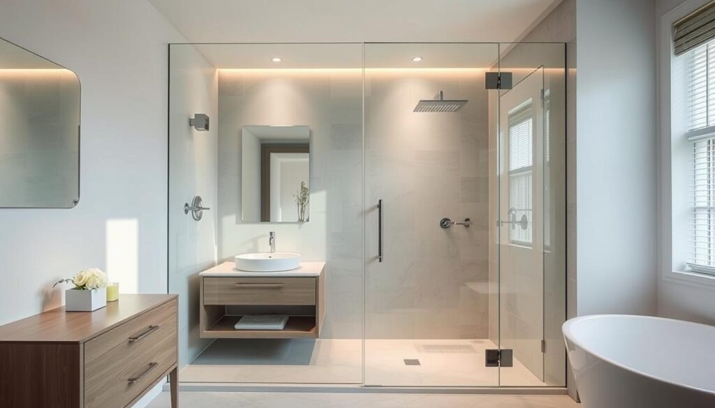 A well-lit, modern bathroom interior showcasing a custom-made glass shower enclosure. The frameless, sleek shower wall seamlessly blends with the elegant tile flooring and vanity. Soft, indirect lighting illuminates the space, creating a serene and inviting atmosphere. The shower door's precision-engineered hinges and handles accentuate the premium quality and attention to detail. The glass panels are crystal clear, offering an unobstructed view of the minimalist fixtures and soothing color palette. This bespoke shower solution is the centerpiece of a spa-like bathroom, tailored to the homeowner's exact specifications and design preferences.