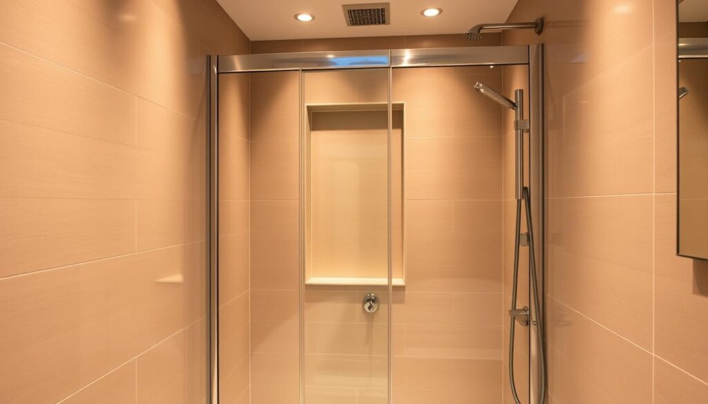 A well-lit, modern bathroom interior with a sleek, custom-built niche shower enclosure. The niche is recessed into the tiled wall, with frameless glass panels that seamlessly blend with the minimalist design. Warm, indirect lighting casts a soft glow, highlighting the clean lines and high-quality materials. The shower niche is spacious yet compact, optimizing the available space for a personalized bathing experience. Reflective surfaces, such as the glass and polished chrome fixtures, create a sense of depth and airiness. The overall atmosphere is one of serene sophistication, perfect for showcasing the personalized service and expertise offered by Glastuerhop24.