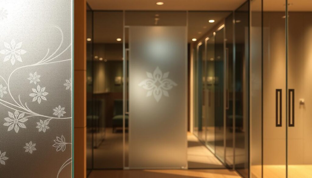 A well-lit, modern glass design showcase featuring a diverse array of premium glass door solutions. In the foreground, a clean, minimalist glass panel with delicate laser-etched patterns casts soft shadows. In the middle, a frosted glass door with an elegant, sandblasted motif catches the light. In the background, a series of glass panels in varying degrees of translucency, from crystal clear to subtly tinted, create a sense of depth and visual interest. The lighting is warm and directional, accentuating the texture and clarity of the glass. The overall composition conveys a sophisticated, high-quality aesthetic suitable for a premium home or commercial interior.