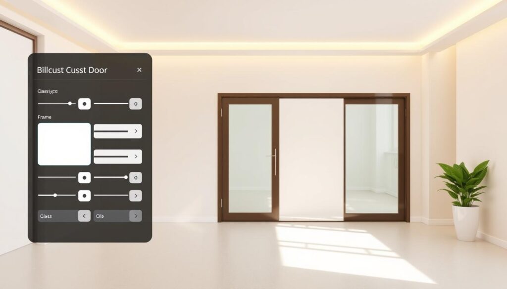 A well-lit, modern glass door configurator interface, showcasing a variety of customizable glass door designs. The foreground features a sleek, minimalist control panel with toggles and sliders to adjust parameters like glass type, frame color, and hardware. The middle ground displays a large, photorealistic 3D render of the selected glass door, rotating gently to highlight its details. The background depicts a clean, airy interior space with neutral-toned walls, allowing the glass door to be the focal point. Warm, diffused lighting creates a welcoming atmosphere, emphasizing the transparency and elegance of the glass. The overall scene conveys a sense of thoughtful, user-friendly design tailored to the individual's preferences.