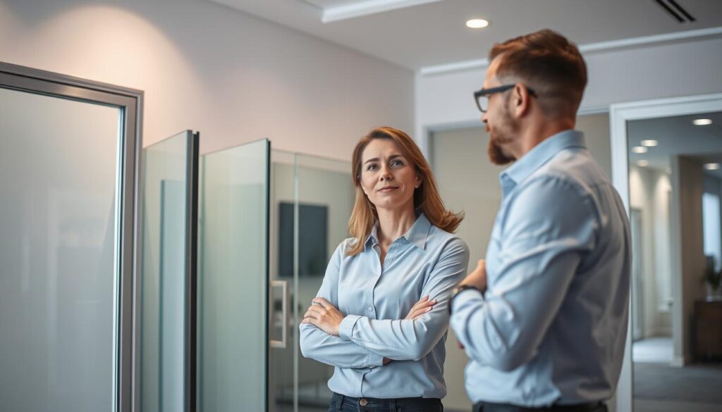 A well-lit, modern glass door showroom with a professional consultant assisting a customer. The room features a variety of high-quality glass door frames and configurations, with clean lines and a minimalist aesthetic. The consultant is engaged in a warm, personalized discussion, guiding the customer through the customization options. Soft, directional lighting highlights the transparency and elegant design of the glass elements. The overall atmosphere conveys a sense of expertise, personalized service, and the ability to create a tailored glass door solution.
