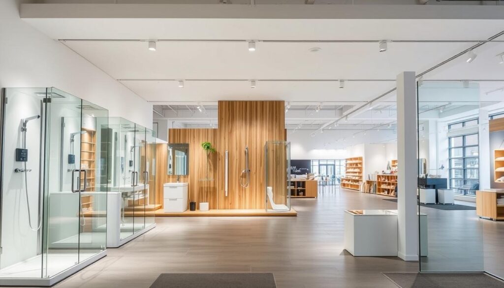 A well-lit, modern interior showcasing a sleek, minimalist "preis-leistung shop" display. In the foreground, a selection of high-quality shower enclosures are neatly arranged, their clean lines and frameless glass panels reflecting the bright lighting. In the middle ground, a neutral-toned, wooden display stands provide a warm, natural backdrop, complementing the products. The background features an expansive, open-concept showroom, with ample space for customers to browse and explore the available options. The overall atmosphere conveys a sense of quality, value, and attention to detail, reflecting the "Preis-Leistung und Auswahl im Shop" theme.