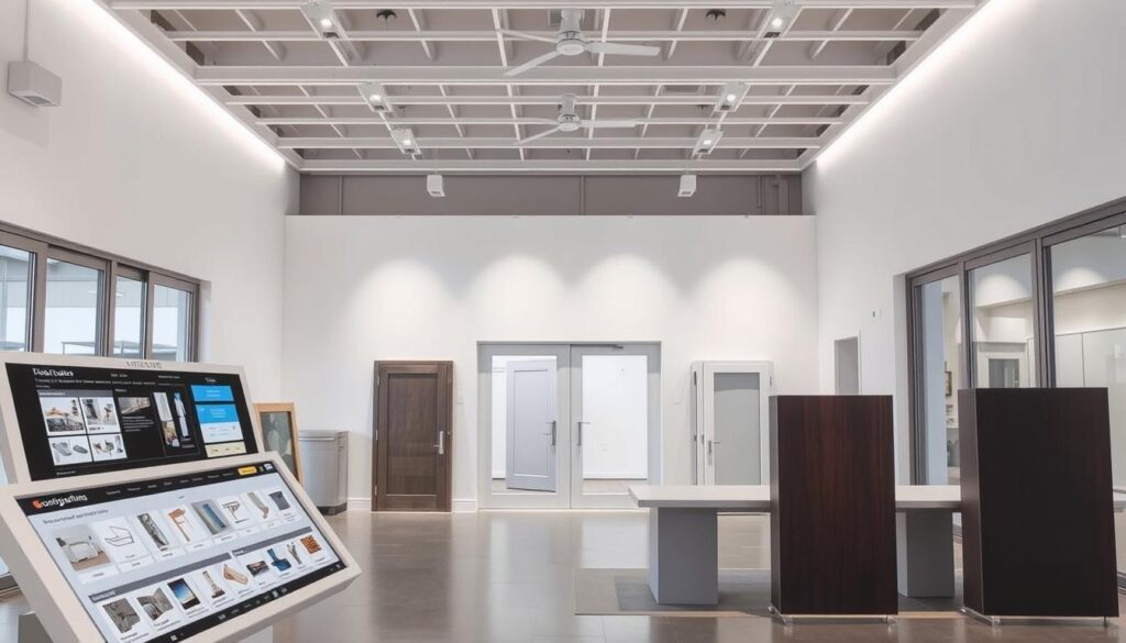A well-lit, modern interior showroom featuring a variety of sliding glass doors in a clean, minimalist arrangement. The foreground showcases a configuration station with interactive displays, allowing customers to customize and visualize their desired door solutions. In the middle ground, several full-size door samples are presented, highlighting different finishes, hardware, and opening mechanisms. The background features a sleek, white-walled environment with subtle accent lighting, creating an atmosphere of professionalism and high-quality craftsmanship. The overall scene conveys a sense of expertise, attention to detail, and a customer-centric approach to the purchasing experience.
