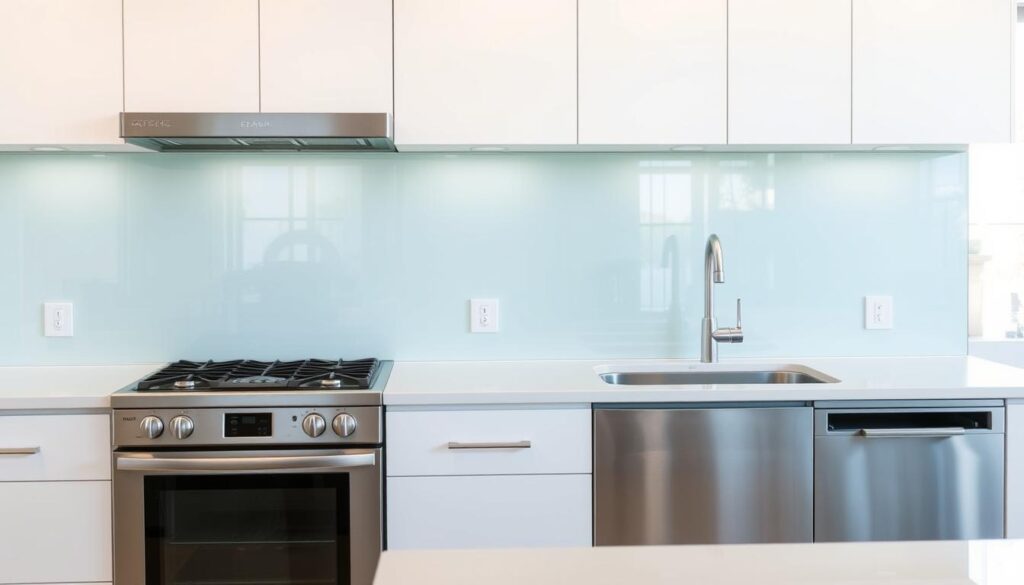 A well-lit, modern kitchen interior with a sleek, tempered glass backsplash that spans the entire wall. The glass panels have a subtle, semi-reflective finish, creating a clean, minimalist aesthetic. The backsplash is seamlessly integrated with the kitchen's stainless steel appliances and white cabinetry, reflecting the natural light and creating a bright, airy ambiance. The kitchen is photographed from a slightly elevated angle, showcasing the smooth, seamless transition between the glass backsplash and the countertop. The overall scene conveys a sense of sophistication, functionality, and contemporary design.