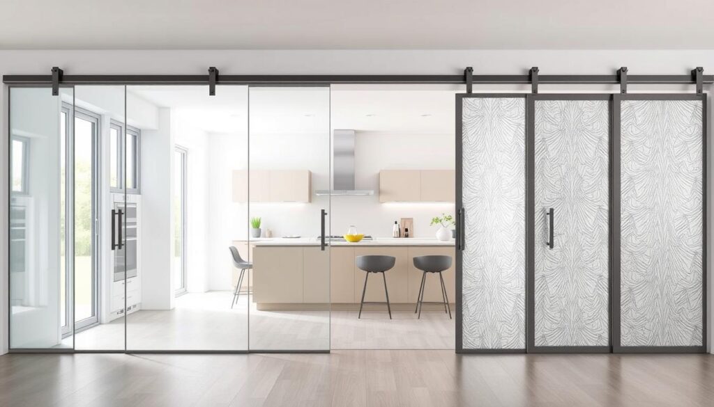A well-lit, modern kitchen interior with various glass sliding door variants displayed prominently. The foreground showcases a range of glass sliding door designs, including clear, frosted, and patterned options, with attention to intricate details like handles, tracks, and hinges. The middle ground features an open kitchen layout, with sleek cabinetry and appliances, creating a harmonious and cohesive visual aesthetic. The background subtly suggests a bright, airy ambiance, with natural lighting filtering through the glass doors, reflecting the contemporary and functional nature of the "Glasschiebetür Küche" solutions. The image aims to highlight the versatility, style, and ease of use of these innovative sliding door systems.