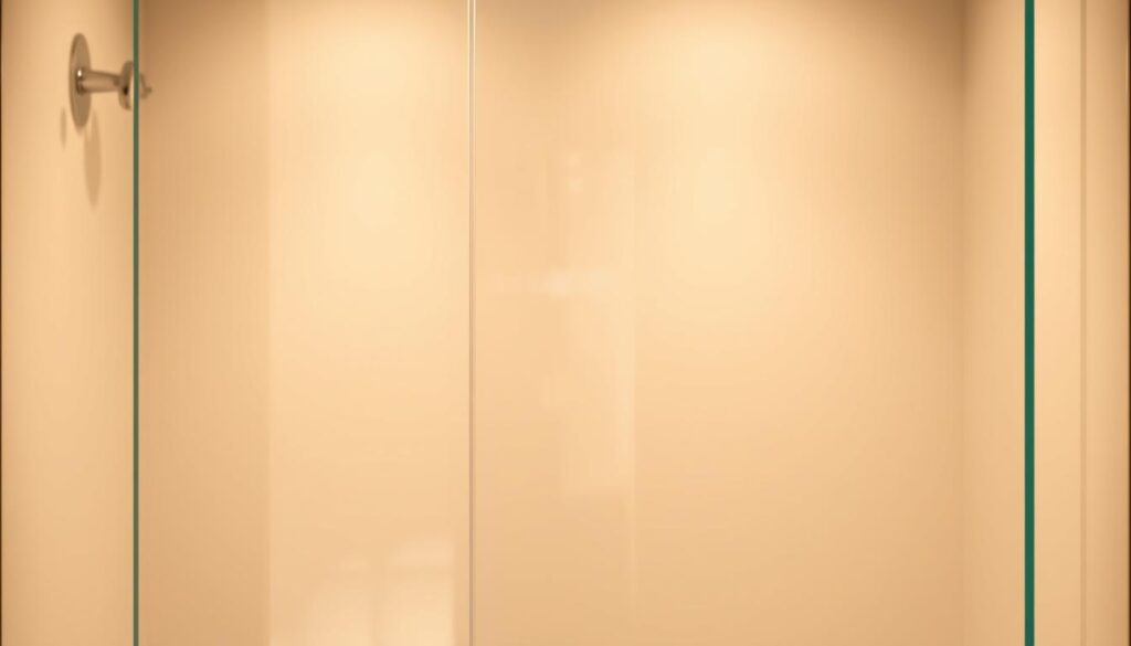 A well-lit, polished glass shower panel with a sleek, minimalist design. The surface has a smooth, glossy finish that refracts light beautifully, creating a sense of elegance and sophistication. The panel is framed by clean, simple lines, seamlessly integrating into a modern bathroom interior. Warm, diffused lighting casts a gentle glow, highlighting the surface's lustrous, low-maintenance qualities. The scene conveys a serene, spa-like atmosphere, inviting the viewer to imagine effortless cleaning and long-lasting performance.