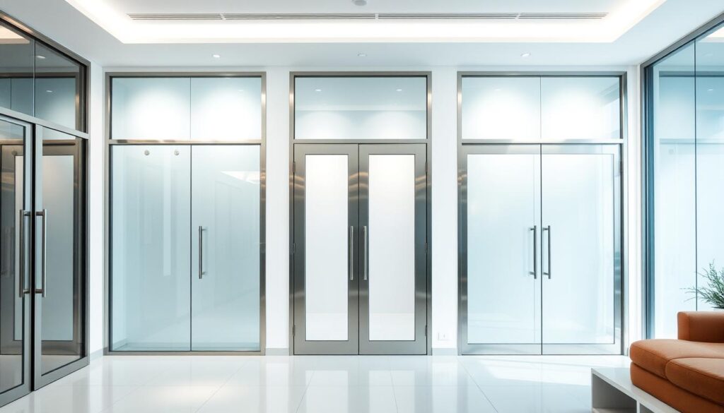 A well-lit showroom with modern glass doors showcased against a minimalist white backdrop. The glass panes are framed by sleek, brushed metal Zarge in a variety of contemporary designs, highlighting their versatility and precision craftsmanship. The lighting casts a soft, diffused glow, accentuating the clarity and seamless integration of the glass elements. The scene conveys a sense of high-quality, bespoke solutions tailored to the customer's needs, inviting the viewer to envision the possibilities for their own living or workspace.