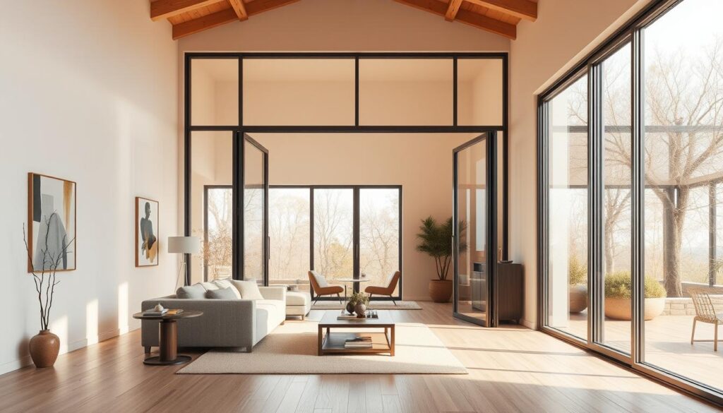 A well-lit, spacious interior with floor-to-ceiling glass doors, offering a seamless transition between indoor and outdoor spaces. The glass panels, framed in sleek, modern profiles, create a sense of openness and bring an abundance of natural light into the room. The scene depicts a living room or a home office, with minimalist furniture and decor that complement the clean, contemporary aesthetic of the glass doors. Warm, diffused lighting illuminates the space, casting a cozy, inviting atmosphere. The glass doors are the focal point, highlighting their versatility and suitability for various residential and commercial applications.