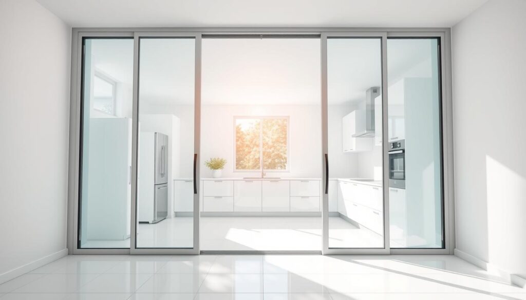 A well-lit, spacious kitchen interior with a fully-opened glass sliding door, allowing natural light to flood the room. The door's tempered glass panels are seamlessly integrated into the minimalist, modern kitchen design, creating a seamless transition between the indoor and outdoor spaces. Sunlight streams through the glass, illuminating the pristine white cabinets, countertops, and tile flooring. The door's sleek, unobtrusive frame accentuates the overall sense of openness and brightness. Subtle reflections on the glass surface add a touch of elegance, while the clean, clutter-free layout emphasizes the room's inviting, airy atmosphere. The entire scene exudes a harmonious blend of functionality, style, and abundant natural illumination.