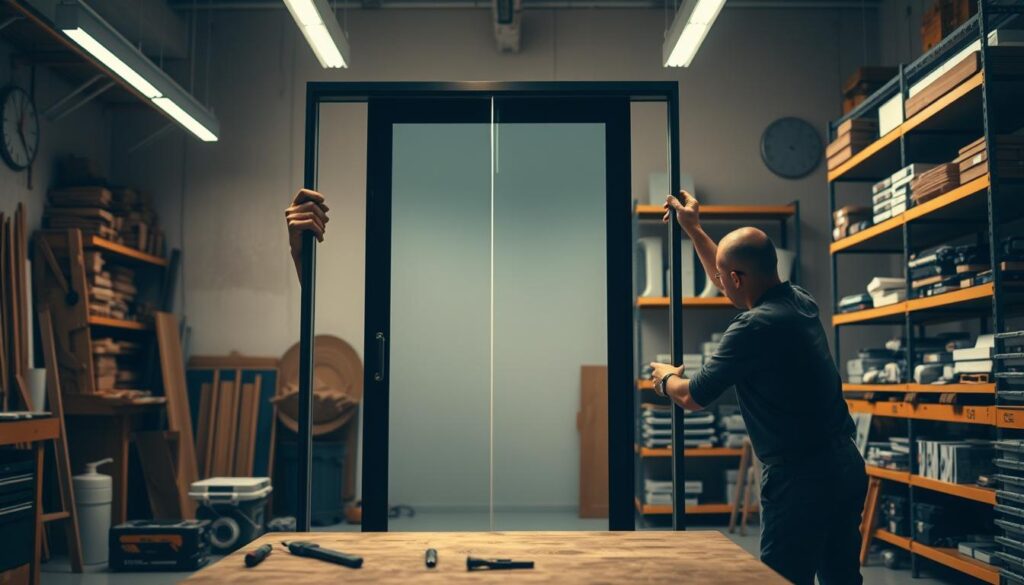 A well-lit workshop scene showcasing the installation process of a glass door. In the foreground, a pair of skilled hands carefully aligning the glass panel into the frame, with precision tools nearby. The middle ground features the partially assembled door, its clean lines and frameless design reflecting the modern aesthetic. In the background, shelves holding an array of customizable glass door components, hinting at the bespoke solutions available. Warm, diffused lighting casts a soft glow, creating a professional, problem-solving atmosphere. The scene conveys the expertise and care required to seamlessly integrate a custom glass door into a space.