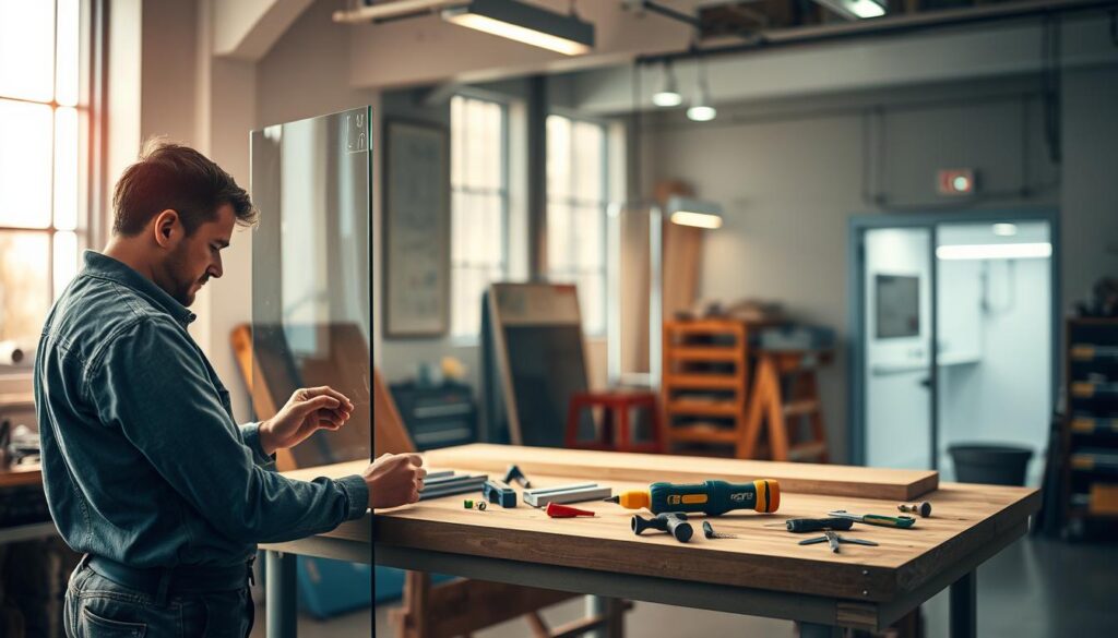 A well-lit workshop setting showcasing the meticulous process of custom glass door installation. In the foreground, a skilled technician carefully measures and marks the glass panel, ensuring a precise fit. In the middle ground, high-quality tools and materials are neatly organized, conveying a sense of professionalism and attention to detail. The background features a clean, modern interior, hinting at the seamless integration of the custom glass door within the space. Warm, diffused lighting creates a welcoming atmosphere, emphasizing the care and craftsmanship involved in the bespoke installation. The overall scene captures the essence of a personalized, hassle-free glass door solution tailored to the customer's specific needs.