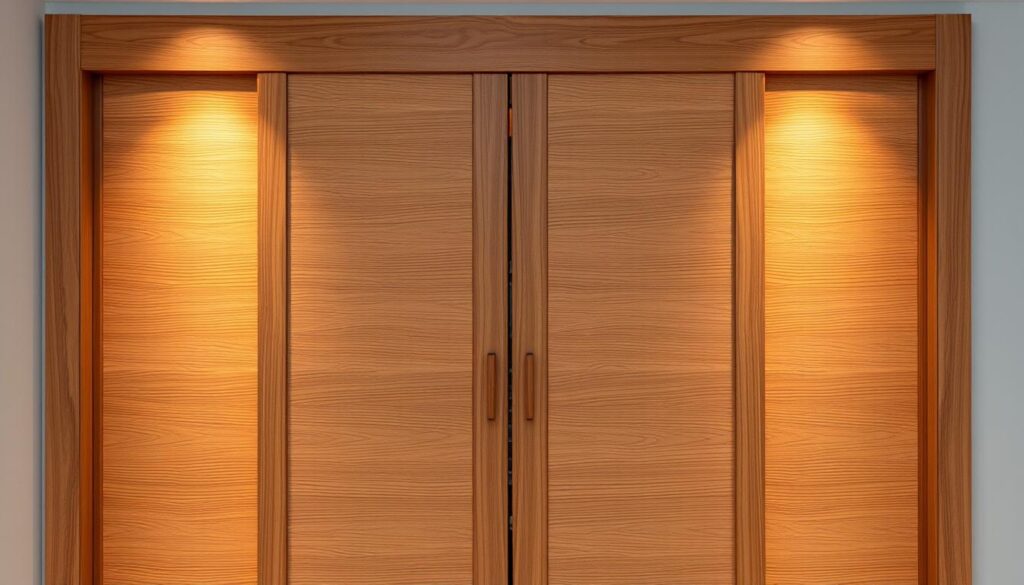 A wooden sliding door complete set, featuring a sleek and modern design. The door is made of high-quality wood, with a smooth, natural grain texture that adds warmth and elegance to the space. The frame is crafted with precision, ensuring a seamless and secure fit. The sliding mechanism operates smoothly, allowing for effortless movement. The lighting is soft and diffused, casting a warm glow on the wooden surface. The overall composition creates a harmonious and inviting atmosphere, perfect for a contemporary home or office setting.