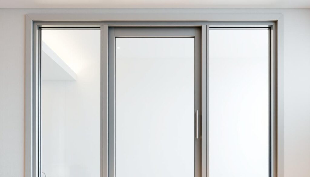 Aluminium-framed glass doors in a contemporary interior setting. A sleek, minimalist aluminium frame in a matte finish, showcasing the clean lines and subtle elegance of the design. The frame seamlessly integrates with the glass panel, creating a harmonious and visually appealing effect. Soft, diffused lighting illuminates the scene, highlighting the high-quality craftsmanship and attention to detail. The framing system is presented in a well-organized, methodical manner, allowing the viewer to appreciate the technical aspects and versatility of the aluminium surfaces. The overall atmosphere exudes a sense of modern sophistication and functional beauty.