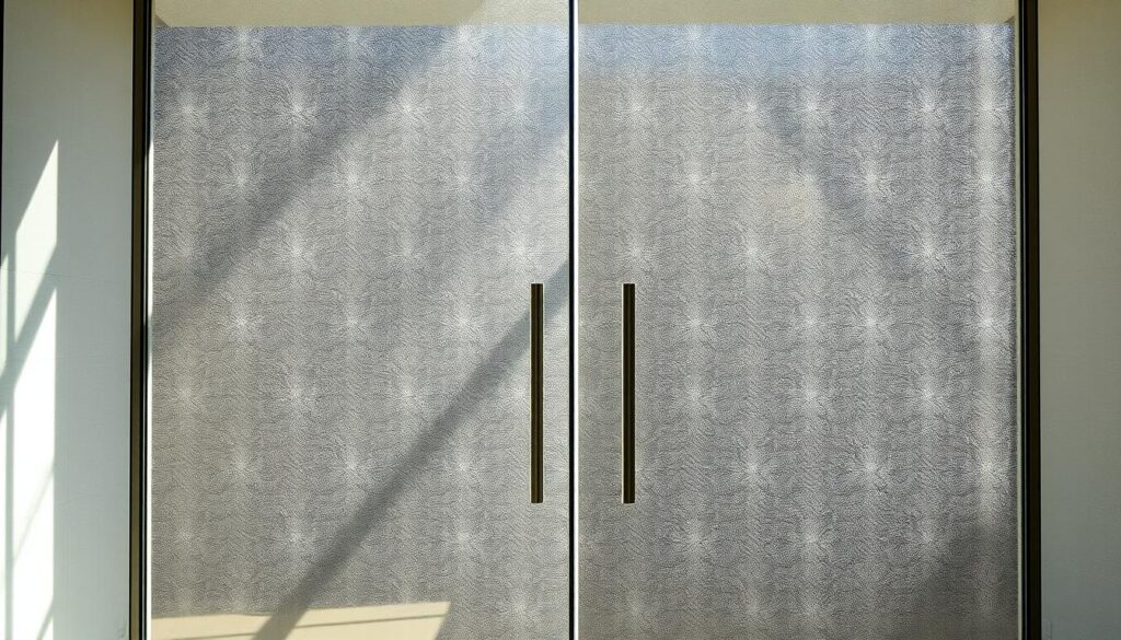 An elegant glass door, its surface adorned with a delicate, translucent pattern that filters the sunlight, casting a warm, diffused glow throughout the space. The door stands as a seamless barrier, allowing natural illumination to flood the room while maintaining a sense of privacy and seclusion. The design is both functional and aesthetically pleasing, harmonizing the balance between natural light and personal refuge. Subtle shadows dance across the glass, creating a mesmerizing play of light and shadow. The door's sleek, modern frame complements the high-quality materials, exuding a refined and sophisticated ambiance. This sichtschutz glastür solution embodies the perfect balance between transparency and privacy, elevating the overall atmosphere of the space.