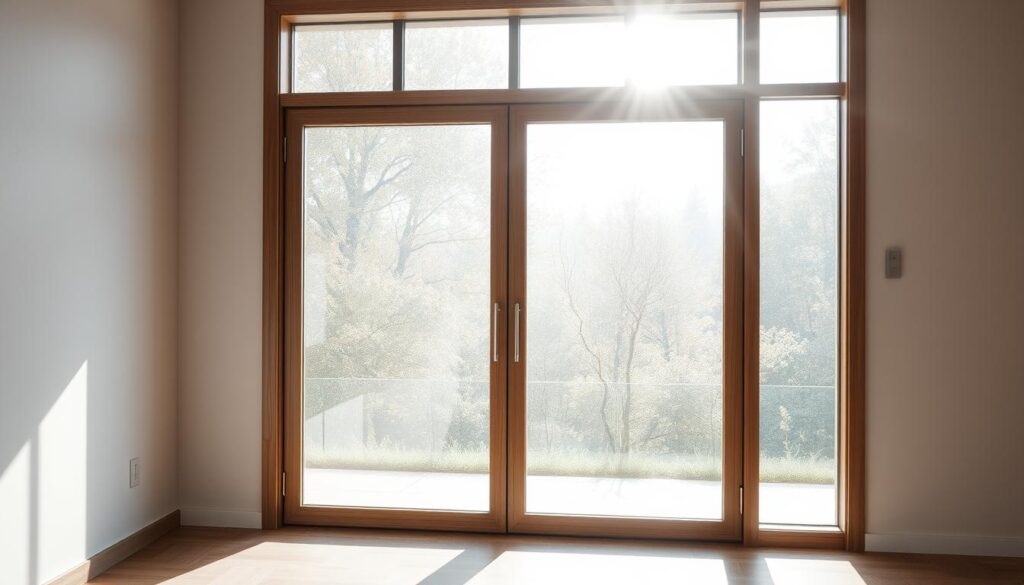 An elegant glass sliding door set in a minimalist wooden frame, bathed in soft, diffused natural light streaming through large windows. The door's smooth, seamless glass panels reflect the surrounding environment, creating a sense of spaciousness and transparency. Subtle metal hardware accents complement the clean, modern aesthetic, lending an air of refined sophistication. The scene evokes a serene, harmonious atmosphere, showcasing the versatility and timeless appeal of glass and wood as design elements for interior spaces.