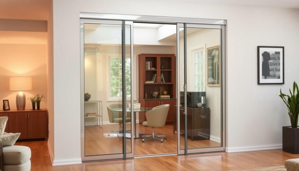An elegantly designed glass sliding door, seamlessly integrated into a modern, well-lit interior. The tempered glass panels, framed in sleek metal, create a sense of openness and visual flow, effortlessly connecting different spaces. Subtle hardware and minimalist detailing ensure a clean, sophisticated aesthetic that complements a variety of decor styles, from the warm tones of a cozy kitchen to the crisp, minimalist lines of a home office. Precise camera angles and balanced lighting highlight the door's transparency, reflecting the surrounding environment and creating a harmonious, airy ambiance.