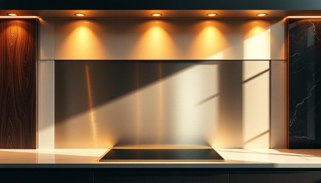 An opulent kitchen backsplash, showcasing a variety of premium materials laid out in a visually striking arrangement. The centerpiece is a gleaming sheet of brushed stainless steel, flanked by rich, textured wood panels and sleek, polished marble tiles. Warm, directional lighting casts dramatic shadows, highlighting the depth and tactile qualities of each material. The scene is bathed in a soft, golden glow, creating an inviting and luxurious atmosphere. The composition is balanced and visually harmonious, allowing the viewer to closely examine the unique properties and aesthetic merits of each kitchen backsplash option.