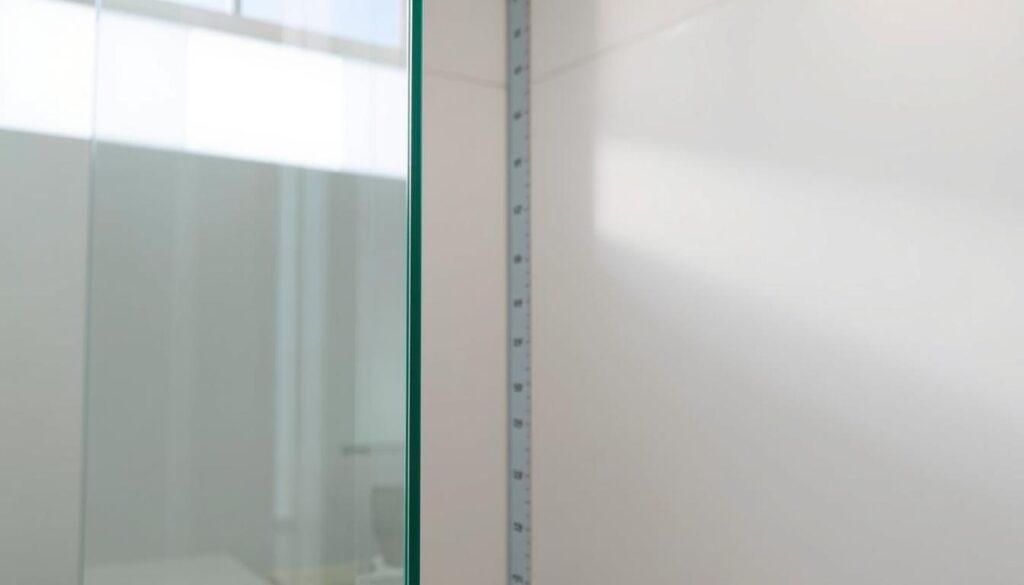 Aufmaß glasaußenkante: A precise measurement of the glass edge, showcasing the intricate details of a custom glass shower enclosure. In the foreground, a glass panel stands tall, its translucent surface reflecting the room's ambiance. The middle ground features a meticulously crafted measuring tape, its graduations indicating the exact dimensions required for a perfect fit. The background portrays a clean, minimalist environment, emphasizing the importance of attention to detail in creating a bespoke glass shower solution. Soft, diffused lighting illuminates the scene, casting a serene and sophisticated atmosphere. The overall composition captures the essence of "Maßanfertigung leicht gemacht: von der Idee bis zur passgenauen Glasdusche," highlighting the precision and personalization at the heart of custom glass shower design.