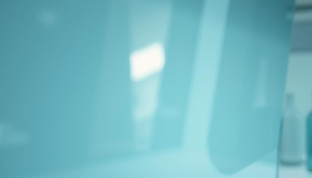 Detailed closeup of a smooth, glossy glass surface with a clean, reflective finish. The glass appears to have a slight curve, creating a subtle distortion in the reflection. The lighting is soft and diffused, creating a gentle, even illumination that highlights the depth and clarity of the material. The background is slightly blurred, placing the focus entirely on the captivating texture and sheen of the glass. The overall mood is one of refined elegance and precision, perfectly suited to showcase the high-quality craftsmanship of a kitchen glass backsplash.