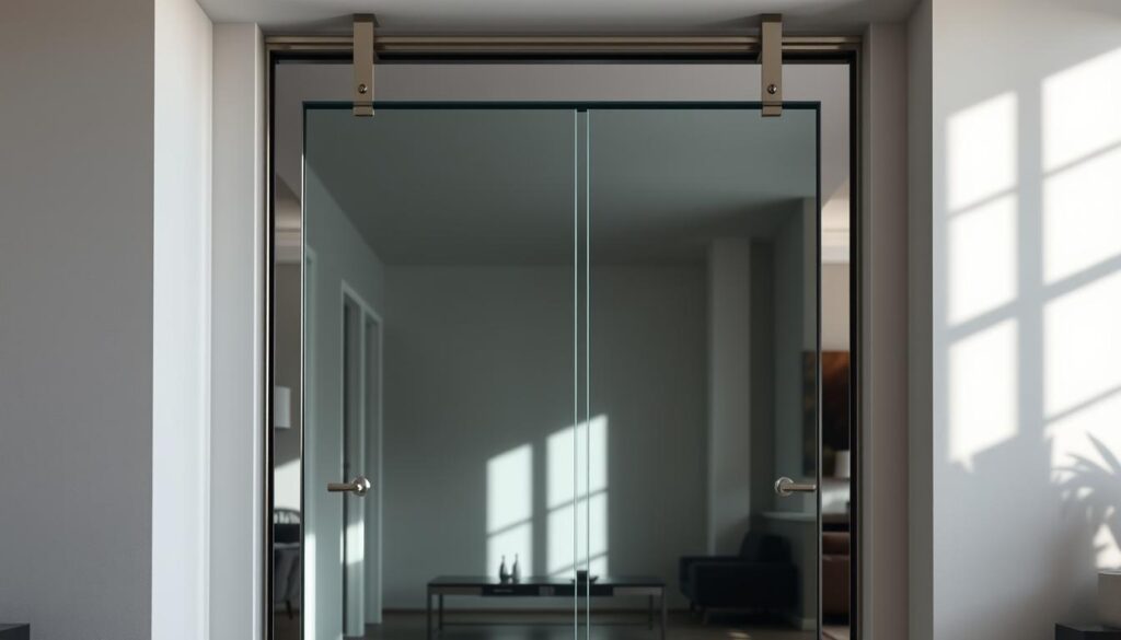 Detailed glass door in a modern, minimalist interior. Sleek, frameless tempered safety glass (ESG) panel suspended between polished metal rails, reflecting ambient light. Smooth, seamless transition from living space to next room. Elegant, durable design that prioritizes safety, security, and visual flow. Dramatic chiaroscuro lighting from overhead spotlights, casting dramatic shadows. High-quality materials and precision engineering convey a sense of premium craftsmanship. The door's transparency allows unobstructed views, while its structural rigidity ensures stability and longevity.