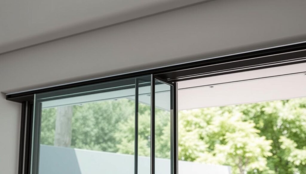 Detailed glass sliding door with smooth soft-close mechanism, showcasing the advanced technology and engineering. A sleek, modern design with clean lines and a transparent pane, allowing natural light to flood the space. The door effortlessly glides open and closed, creating a seamless transition between indoor and outdoor areas. Capture the minimalist elegance and high-quality craftsmanship, emphasizing the attention to detail and the user-friendly functionality that elevates the overall experience.
