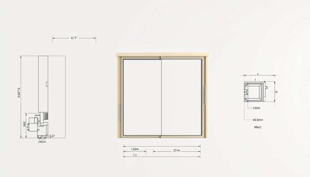 Detailed technical illustration of various Größen maß measurements for a sliding door system. Precise diagrams displaying dimensions, measurements, and specifications in a clean, technical style. Subtle warm lighting highlighting the key details, with a minimal, professional background to emphasize the engineering focus. High-resolution, photorealistic rendering showcasing the accurate scale and proportions of the sliding door components. Crisp, clear lines and an organized, schematic layout to convey the essential information required for understanding the Größen maß for this sliding door application.