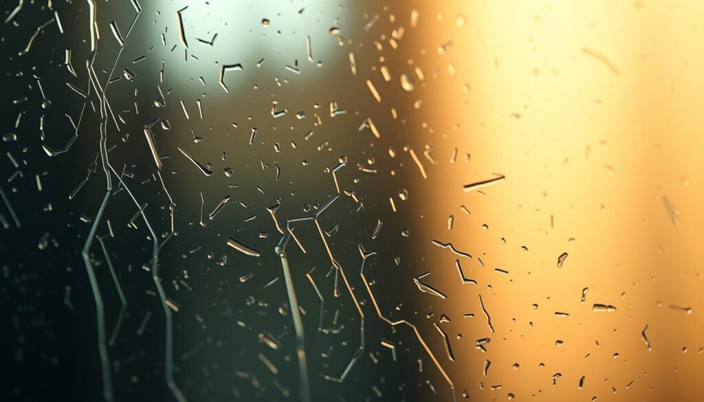 Detailed technical surface of tempered glass, showcasing its intricate structure and manufacturing process. Crisp, high-resolution close-up view with sharp focus, capturing the subtle textures, patterns, and optical properties of the glass material. Warm, neutral lighting illuminates the surface, accentuating the subtle gradients and reflections. Minimal background, allowing the glass itself to be the central point of interest. The overall composition conveys a sense of precision, sophistication, and the advanced engineering behind the production of high-quality tempered glass panels.
