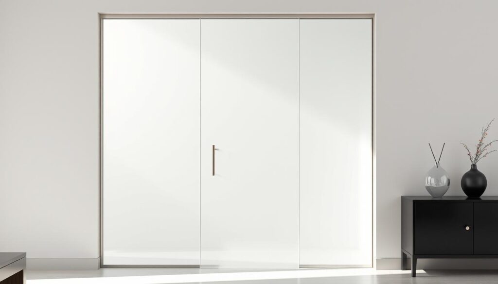 Elegant glass door with a modern, minimalist design. A sleek, frameless structure in a neutral, muted tone, creating a seamless, contemporary aesthetic. Partially obscured, allowing for a glimpse of the interior, with a subtle play of light and shadow. Carefully crafted metal hardware in a complementary finish, adding a touch of sophistication. The door is positioned in a well-lit, airy setting, with natural light streaming in, highlighting the material's translucency and creating a sense of openness and brightness. The overall atmosphere conveys a sense of refined, understated elegance, perfectly suited for a variety of interior styles.