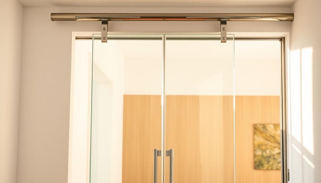 Elegant glass swing door in a bright, minimalist interior. Sleek, frameless klarglas (clear glass) panel suspended from a chrome overhead track, gently swinging open and closed. Warm, natural lighting filters through the transparent surface, creating soft, diffused illumination. The door seamlessly integrates with the surrounding architecture, emphasizing clean lines and an airy, spacious ambiance. Polished metal hardware and fittings complement the material's inherent simplicity. The overall composition exudes a sense of modern, high-end design - a versatile, customizable solution for contemporary living and working spaces.