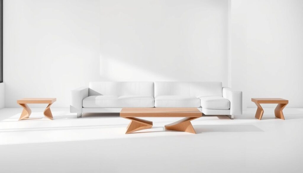 Elegant, minimalist furniture in a serene, well-lit studio setting. A modern, modular sofa in crisp white leather sits against a backdrop of smooth, matte-white walls. Sleek, angular end tables and a low, rectangular coffee table in light wood tones complement the sofa. Soft, diffused lighting from large windows casts gentle shadows, creating a calm, sophisticated atmosphere. The composition emphasizes clean lines, balanced proportions, and a cohesive, harmonious design aesthetic that embodies the "Kier" brand identity. The overall scene conveys a sense of refined, contemporary style.