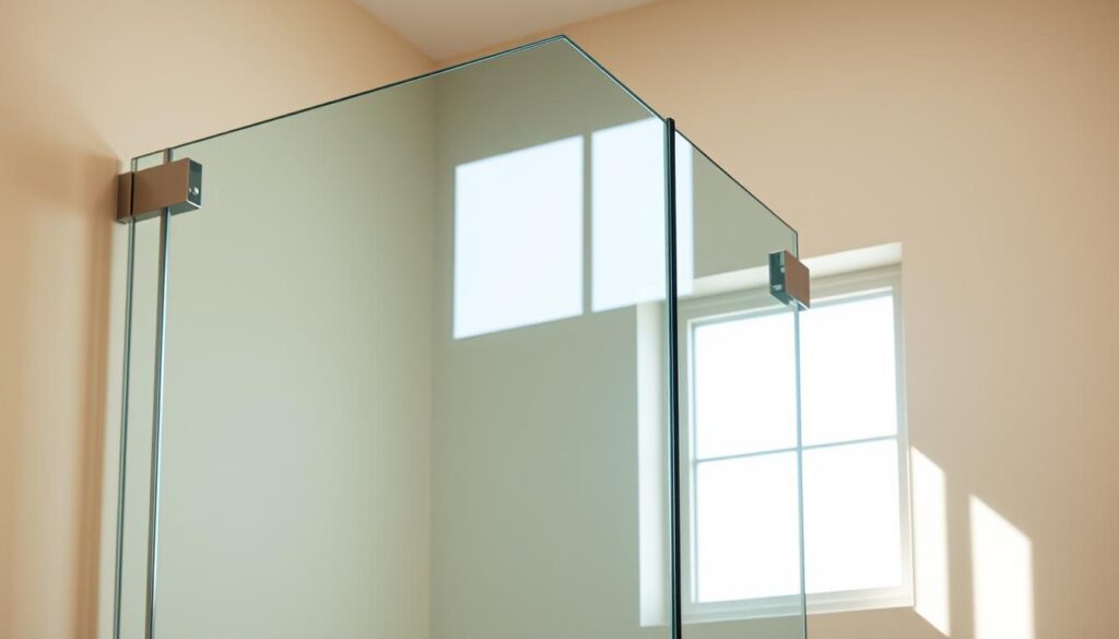 Glas höhe: a custom-crafted glass shower door, its sleek, frameless design showcasing the refined elegance of high-quality materials. The glass panel stands tall, its surface reflecting the warm, diffused lighting that bathes the scene. Minimalist hardware in gleaming chrome accents the clean, modern aesthetic. Sunlight streams through a nearby window, casting a soft, natural glow that highlights the clarity and purity of the glass. The overall composition evokes a sense of spaciousness and sophistication, perfectly suited to illustrate the section on "Maße, Glas und Konfiguration: Höhe, Breite und Ausstattung frei wählbar".