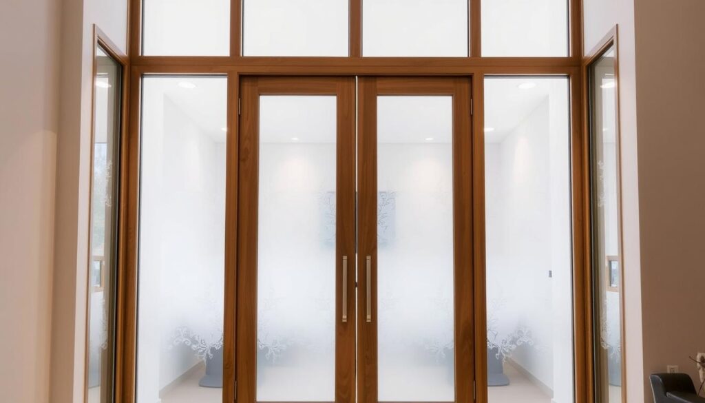 Glastüren, showcasing modern, stylish designs for every room. A sleek, minimalist glass door with a warm wooden frame stands tall, its transparency allowing natural light to flow through. Subtle frosted patterns adorn the glass, creating a sense of privacy while maintaining an open, airy ambiance. The door is flanked by matching sidelights, seamlessly integrating into the interior architecture. Soft, diffused lighting from concealed sources casts a gentle glow, highlighting the material's transparency and reflective qualities. This versatile, custom-tailored glass solution effortlessly blends form and function, elevating the overall aesthetic of the space.