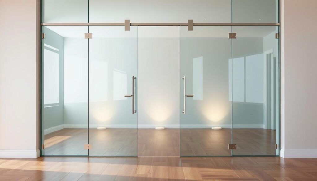 High-quality glass doors in a modern, spacious interior. A sleek, minimalist glass doorway with a frameless design, allowing for a seamless, unobstructed view. The door panels are composed of clear, tempered glass, reflecting the natural light and creating a bright, airy atmosphere. The door's hinges and hardware are made of polished metal, adding a touch of sophistication. The floor is a smooth, hardwood surface, complementing the glass elements. Subtle accent lighting highlights the transparency and materiality of the glass, creating a warm, inviting ambiance. The background features a neutral, muted color palette, allowing the glass door to take center stage as the focal point of the space.