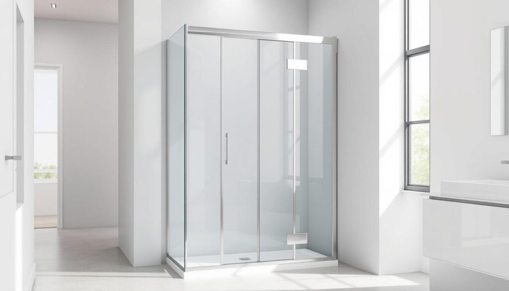 High-quality render of a modern 90x90 cm shower enclosure with hinged door and side panel, featuring sleek frameless glass panels, polished chrome hardware, and a minimalist, elegant design. The shower is situated in a spacious, well-lit bathroom with natural light streaming in, creating a bright and airy atmosphere. The scene is captured from an angle that showcases the enclosure's features and how it would appear installed in a typical bathroom setting. The render should convey the premium quality and suitability of this shower enclosure for a luxurious, contemporary bathroom.