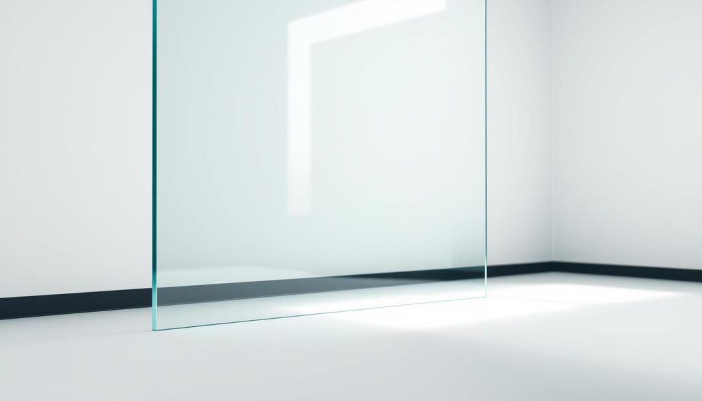 High-quality toughened safety glass, also known as ESG-Sicherheitsglas, captured in a clean, well-lit studio setting. The glass panel reflects the soft lighting, creating a subtle luminous effect. The surface is smooth and pristine, showcasing the material's clarity and structural integrity. A neutral color palette with hints of white and gray dominates the scene, emphasizing the minimalist and elegant aesthetic. The composition places the glass panel as the central focus, with a simple background that allows the material's inherent beauty to shine. Captured at a slight angle to highlight the glass' depth and dimensions, the image conveys a sense of sophistication and refined craftsmanship.