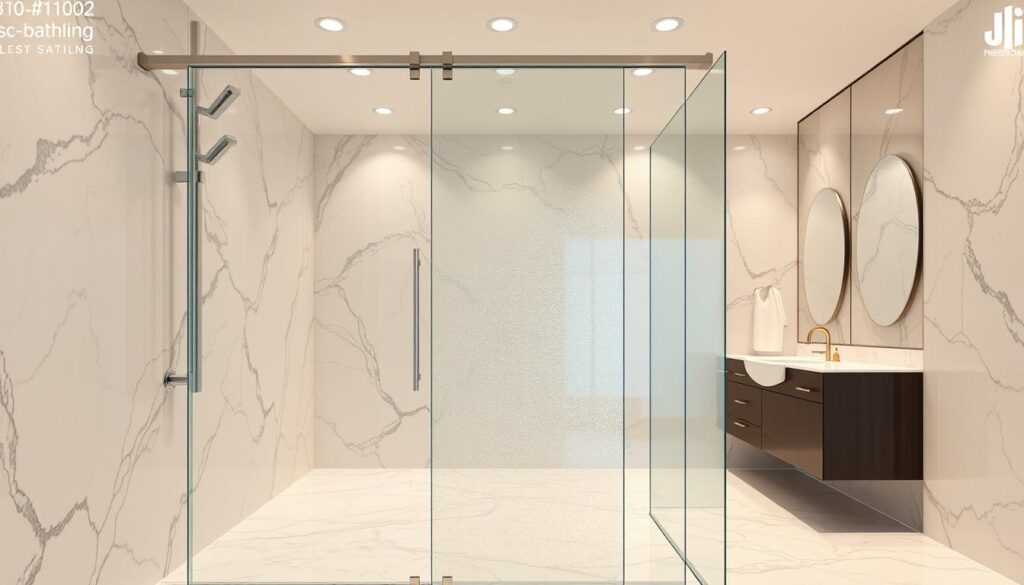 Highly detailed, photorealistic image of a glass shower partition installed in a modern bathroom. The partition is positioned in the foreground, made of sleek, frameless tempered glass panels with a sparkling, reflective surface. The glass seamlessly blends with the bathroom's luxurious marble tiles, chrome fixtures, and soft lighting from recessed ceiling fixtures. The overall scene conveys a sense of elegance, minimalism, and high-end design, perfectly suitable for a premium bathroom setting.