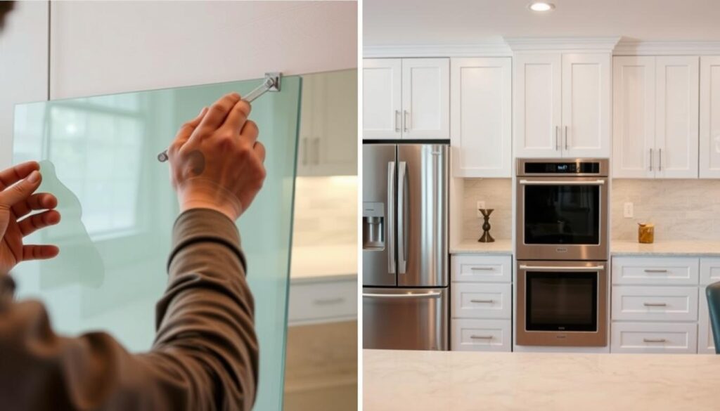 Montage of a glass kitchen backsplash installation process. In the foreground, a worker's hands carefully measure and cut a large glass panel. In the middle ground, the glass panel is being smoothly applied to the wall, with adhesive spreading evenly. In the background, a modern kitchen with sleek white cabinets and stainless steel appliances provides the context. Soft, warm lighting illuminates the scene, highlighting the glass's transparency and reflective surface. The composition conveys the simplicity and elegance of the glass backsplash installation, complementing the kitchen's contemporary design.