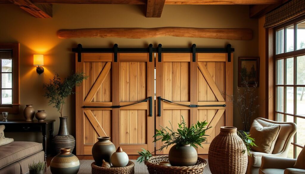 Prompt A warm, rustic interior with a focus on a custom-built sliding door in a classic country-style design. The door features natural wood panels, wrought-iron hardware, and a distressed finish that complements the earthy tones of the surrounding walls and furnishings. Soft, diffused lighting from wall sconces and large windows casts a cozy glow, highlighting the intricate details of the craftsmanship. In the foreground, a well-curated display of decorative accessories, such as pottery, woven baskets, and greenery, adds visual interest and reinforces the pastoral ambiance. The overall scene evokes a sense of rustic elegance and invites the viewer to imagine the personalized consultation and installation process for this bespoke sliding door solution.