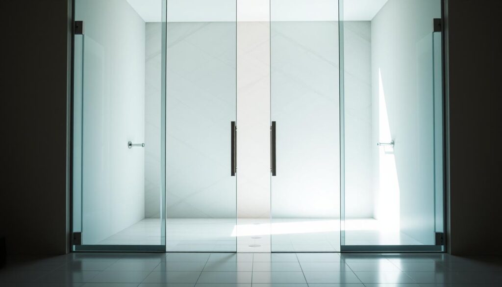 Sleek, frameless glass sliding doors, bathed in soft, natural light, creating a seamless transition between the bathroom and the surrounding space. The doors feature a minimalist design, with clean lines and a glossy, translucent finish that reflects the water and tiles, amplifying the sense of openness and spaciousness. The camera captures the doors from a low, slightly angled perspective, emphasizing their elegant silhouette and the way they effortlessly slide open, inviting the viewer to step into the serene, spa-like atmosphere of the bathroom.